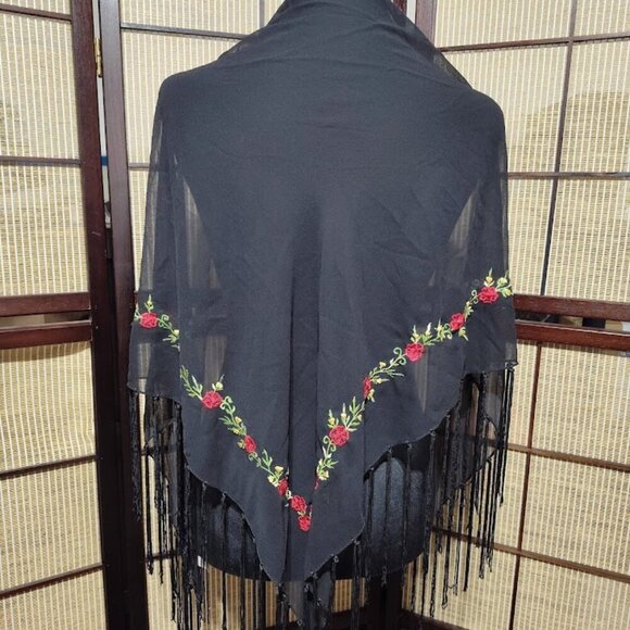 Vintage Women's Rose Embroidered Scarf / Shawl - Made in Italy - Black Sheer - Picture 2 of 11